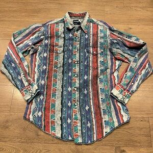 Vintage 80’s Wrangler Brushpopper Western Cowboy Pearl Snap Collar Shirt xl